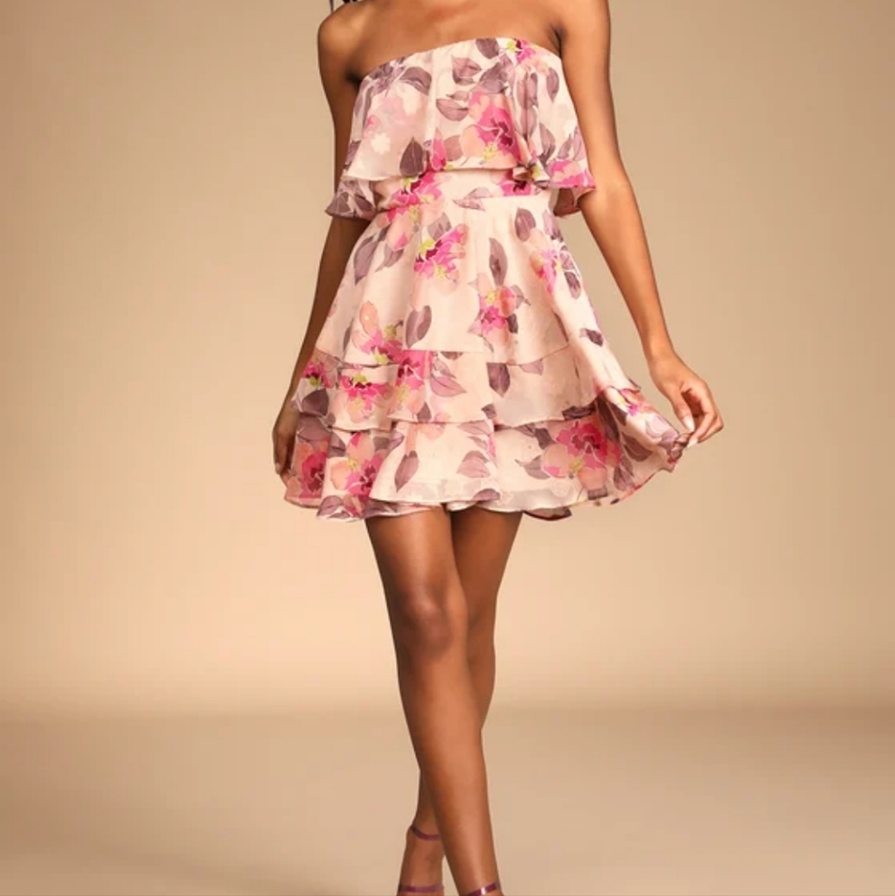 LULUS Perfect Paradise Pink Floral Print Jacquard Strapless Mini Dress size L